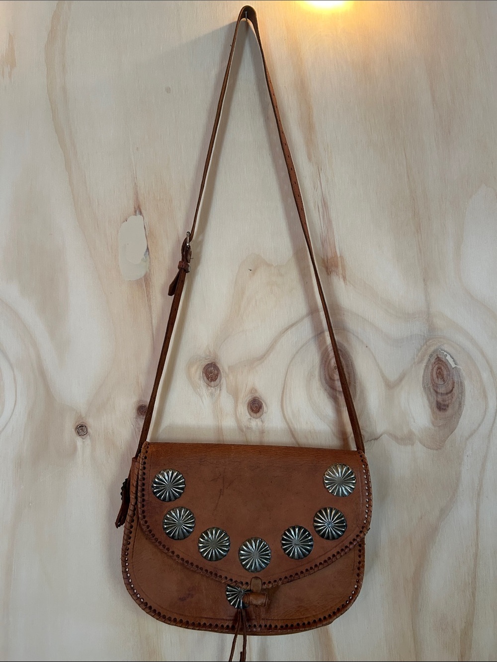 Artisan vintage Tan Leather Crossbody Bag with Concho Stud Accents